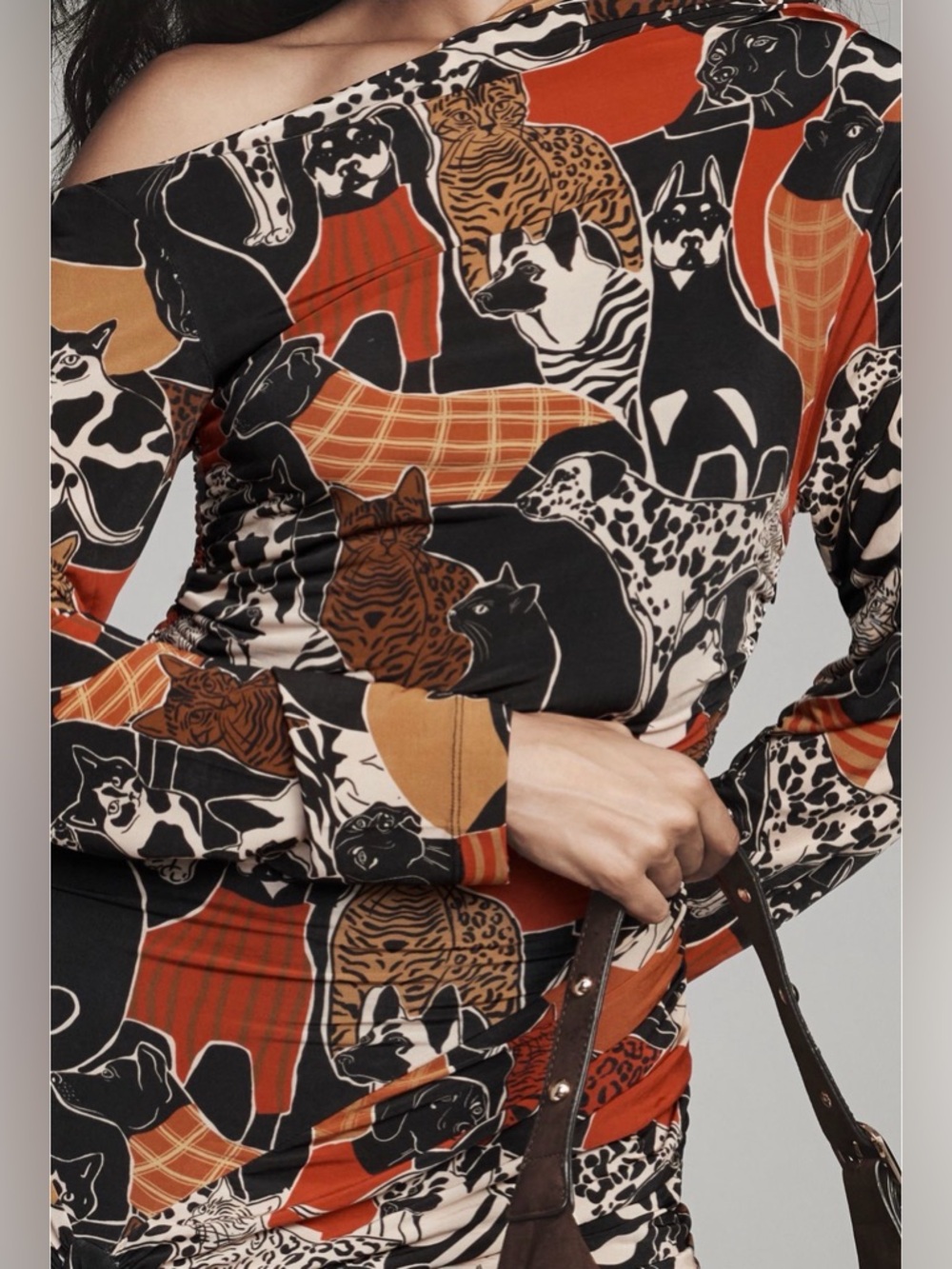 Farm Rio Printed Drop-Waist Midi Dress - Cat & Dog Print NWT